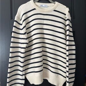 Zara Women's Cream and Black Striped Crew Neck Sweater XL